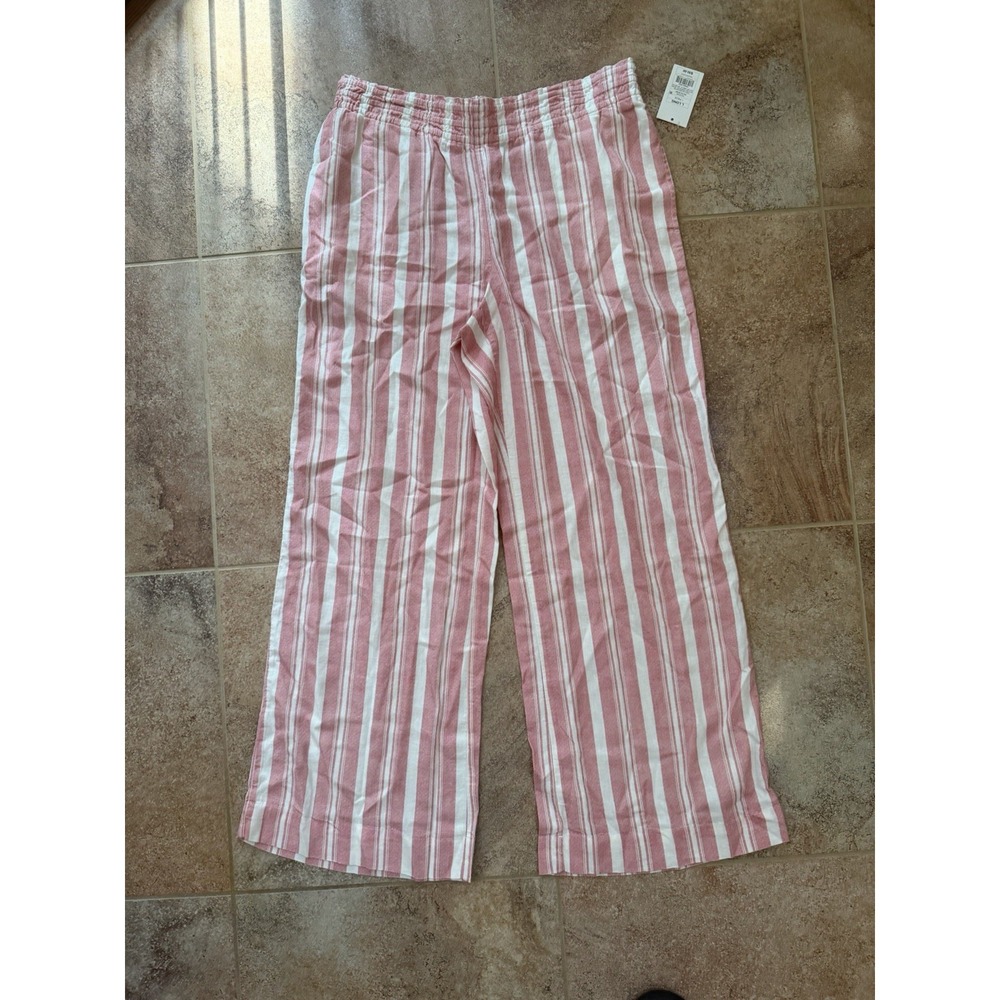 A New Day Women's Linen Wide Leg Pull-On Pants Red/White Striped Size L Long NWT